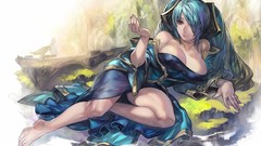 Woman anime girls brown eyes cleavage League of Legends 