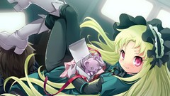 Woman Anime red eyes gloves fans blondes long hair pink eyes 