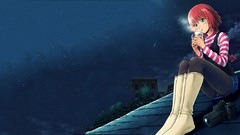 Woman Anime roofs anime girls drinking short hair redheads 