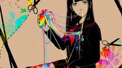 Woman Anime scissors Hearts sitting schoolgirls legs skirts 