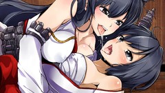 Woman Anime tongue kissing blue eyes black hair yuri tongue out