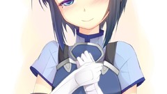 Woman Anime white background Manga armor blue hair smiling blue 