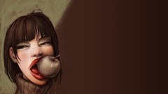 Woman apples eating biting short hair brown background artwork 