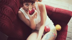Woman apples tattoos eating armchairs short hair panties 