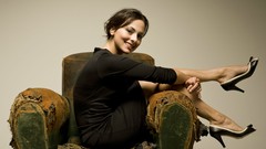 Woman armchair smiling brunettes models black dress high heels