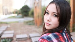 Woman asians brunettes depth of field flannel shirts