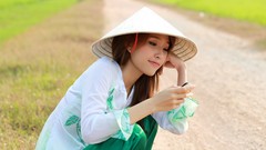 Woman asians Viet Nam conical hats ao dai