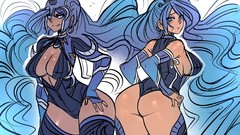 Woman ass Anime horns gloves helmets blue hair long hair anime 