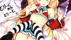 Woman ass Sweets stripes blondes pillows blush long hair anime 