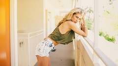 Woman balcony jeans Shorts blondes models Leaning Brittany Lucas