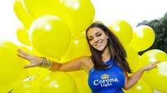 Woman Balloons smiling brunettes corona beers publicity