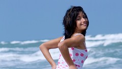 Woman Beaches outdoors smiling white dress models black hair 