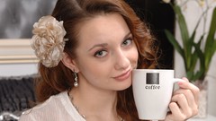 Woman beds faces bedroom cups long hair green eyes models 