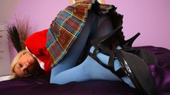Woman beds schoolgirls bedroom blondes skirts pantyhose sandals 