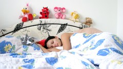 Woman beds young brunettes black eyes no makeup Mili Jay