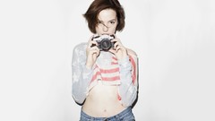 Woman belly Cameras brunettes Simple Background