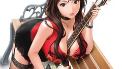 Woman bench Anime lips collar white background instruments 