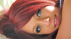 Woman bench blue eyes lying down redheads Madelyn Monroe