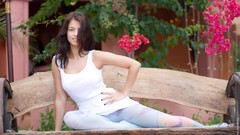 Woman bench outdoors brunettes white dress leggings Inez