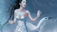 Woman Birds 3d asians skies storks artwork