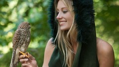 Woman Birds hoodies blondes smiling models hawks fur clothing 