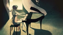 Woman Birds piano curtains anime girls artwork pianist musical 