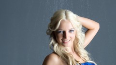 Woman blondes blue eyes models blue dress arms raised Met-Art 