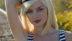 Woman blondes models railroad tracks striped clothing Met-Art 