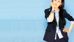 Woman blue background suit asians long hair Korean hands on 