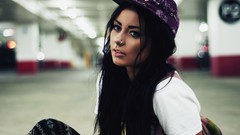 Woman blue eyes brunettes pierced nose baseball caps Danielle 