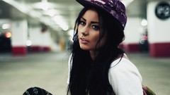 Woman blue eyes brunettes pierced nose baseball caps Danielle 