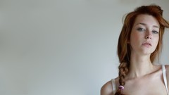 Woman blue eyes freckles redheads pale skin bra strap