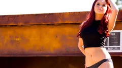 Woman blue eyes redheads standing panties Karoline Kate