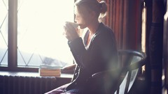 Woman Books coffee chairs morning mugs sunlight