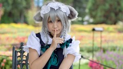 Woman bows asians maids braids gray hair touhou animal ears 