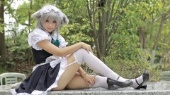 Woman bows asians maids braids gray hair touhou animal ears 