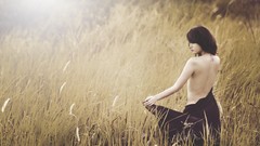 Woman brunettes bare shoulders cornfield naked back