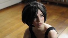 Woman brunettes black hair black top