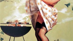 Woman brunettes cooking pinups barbecue grill