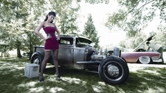 Woman brunettes hotrod fishnet stockings