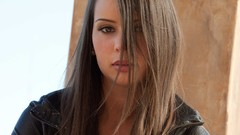 Woman brunettes Leather Jacket pornstars hair in face Sally 