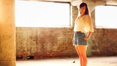 Woman brunettes models denim shorts LaunchLook