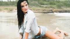 Woman brunettes models denim shorts open shirt Cutoff shorts