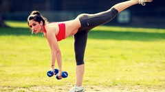 Woman brunettes models fitness Sarah Shahi dumbells