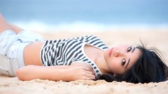 Woman brunettes oriental White stripes jeans panties