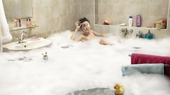 Woman bubbles flood bathroom funny towels rubber ducks bubble 