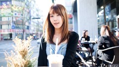 Woman cafe Korea asians smiling brunettes bangs models Korean 