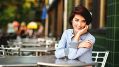 Woman cafe smiley smiling brunettes blurred background Anne 