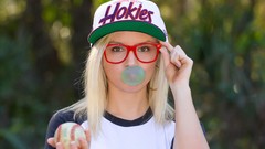 Woman cap glasses hats t-shirts blondes brown eyes models gum
