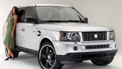 Woman cars white background Range Rover long dress
